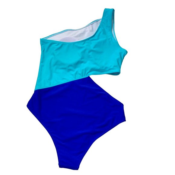 SweatyRocks One Shoulder Cut Out One Piece Swimsuit Size Large Two Tone Blue - Picture 6 of 13